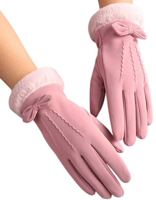 elegante und warme Handschuhe mit Kunstfell und Schleife in ROSA für Frauen in vielen Farben NEU