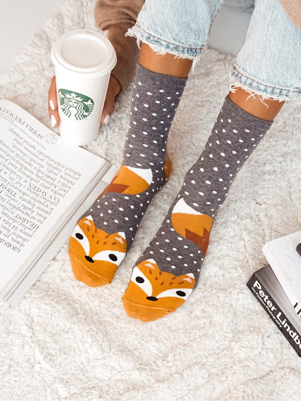 1 Paar stylische Lycille Langsocken 37/41 aus Baumwolle mit Fuchs-Motiv in graphit