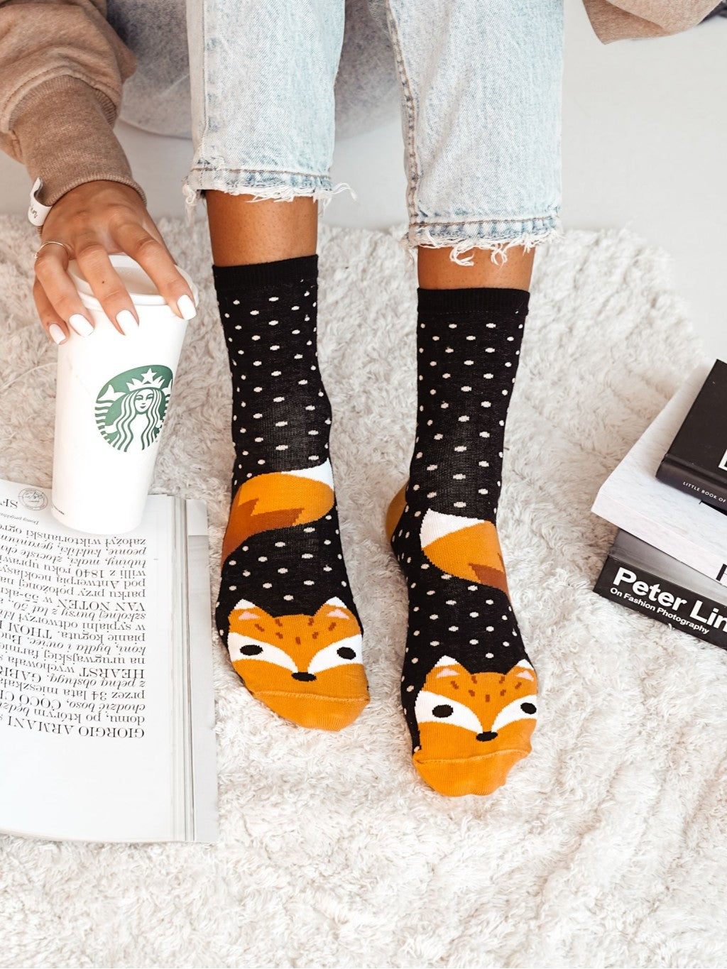 1 Paar stylische Lycille Langsocken 37/41 aus Baumwolle mit Fuchs-Motiv in schwarz