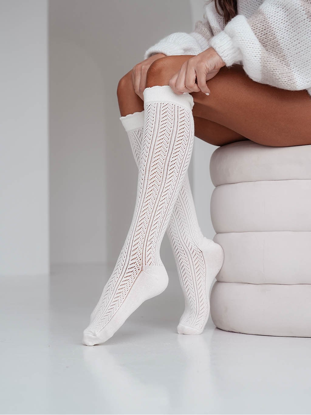 Lycille 1 Paar elegante Kniestrümpfe 37/41 mit Fischgräten-Lochmuster cremefarben