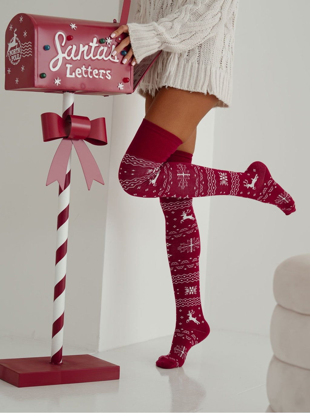 1 Paar Overknees elegante Overknees-Strümpfe aus Baumwolle 37/41 mit Rentiermuster bordeaux