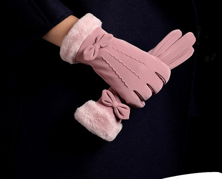 elegante und warme Handschuhe mit Kunstfell und Schleife in ROSA für Frauen in vielen Farben NEU