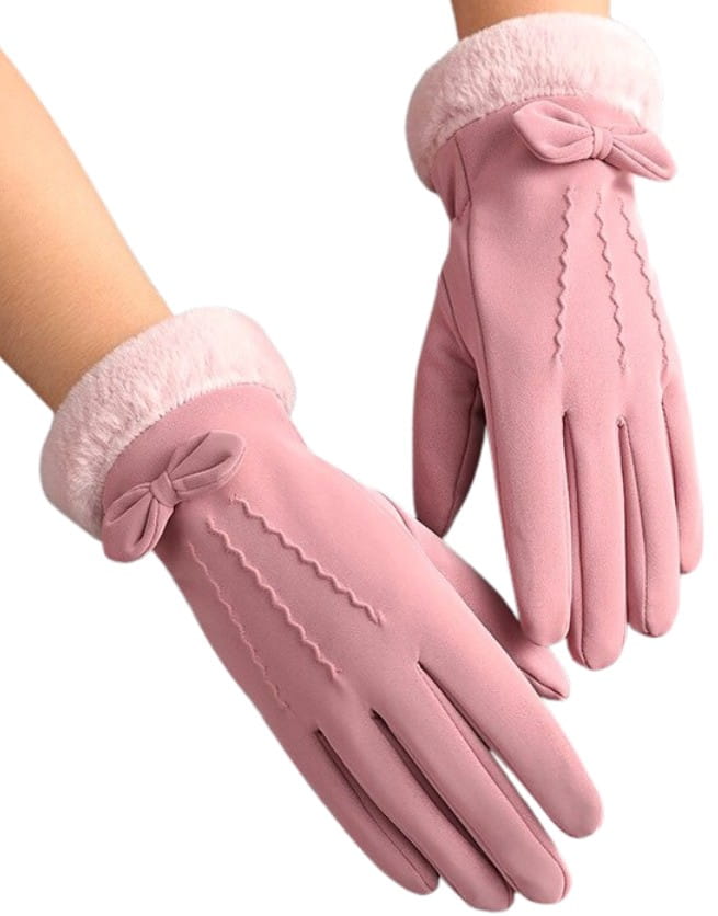 elegante und warme Handschuhe mit Kunstfell und Schleife in ROSA für Frauen in vielen Farben NEU