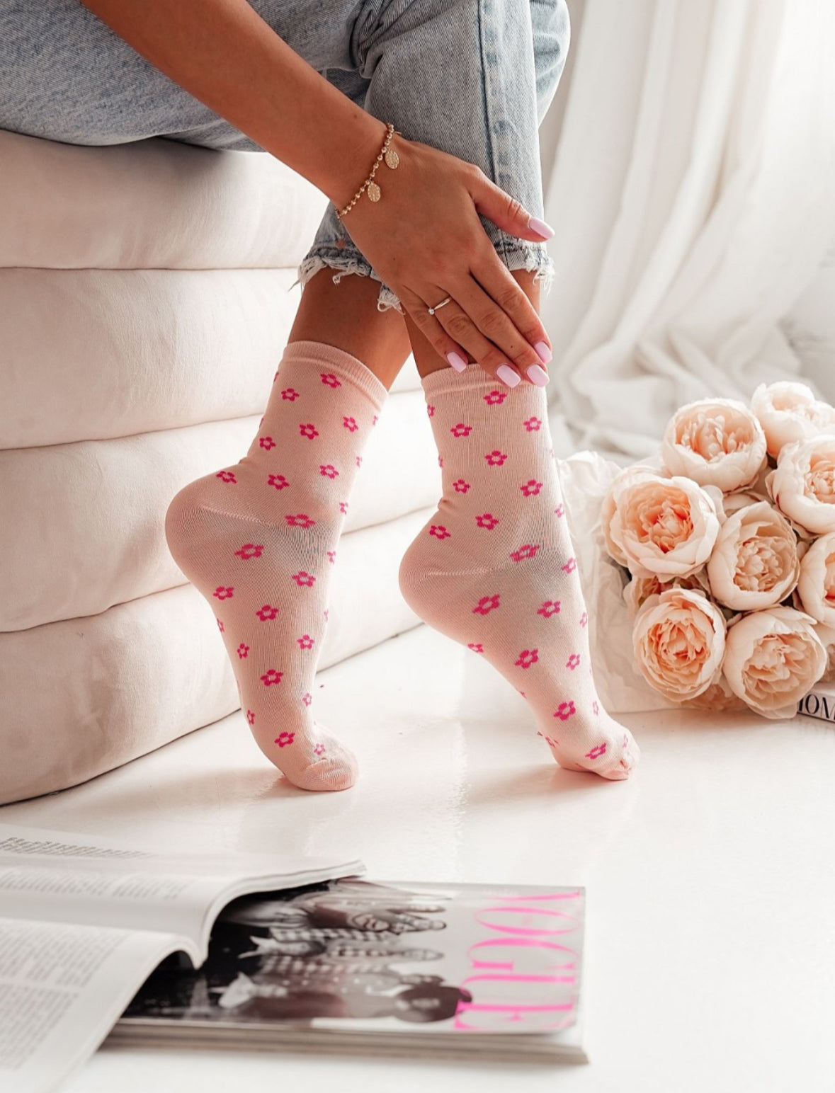 1 Paar moderne Lycille Socken 37/41 aus Baumwolle mit Blumenmotiv