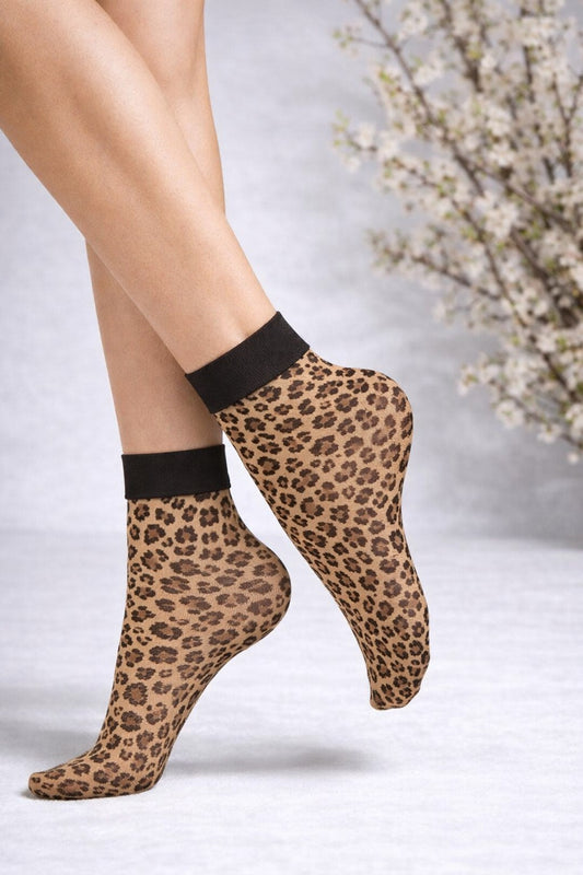 Transparente Damen Socken mit Leopardenmuster und schwarzem Bündchen