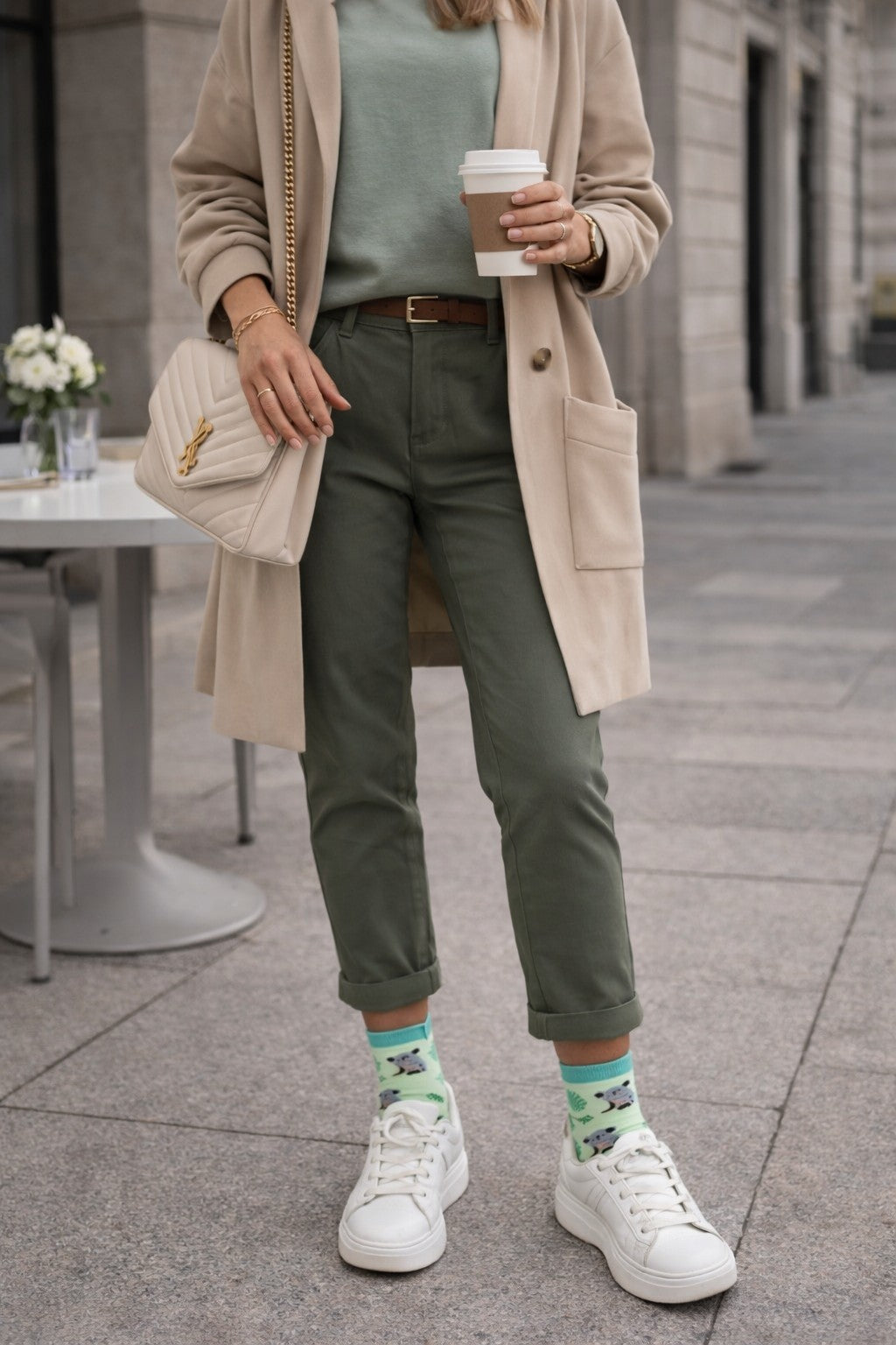 Damen Outfit mit hellgrünen Koala Socken, weißen Sneakern, grüner Hose und beigem Mantel – moderner Streetstyle Look mit Tiermotiv Socken