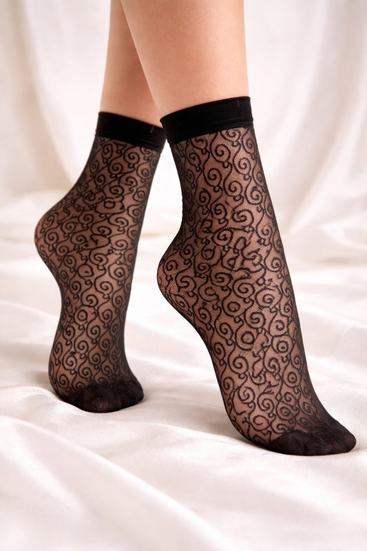 Transparente Damen Socken schwarz mit elegantem Ornamentmuster