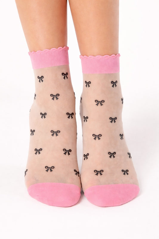 Transparente Damen Socken mit schwarzen Schleifen und rosa Bündchen