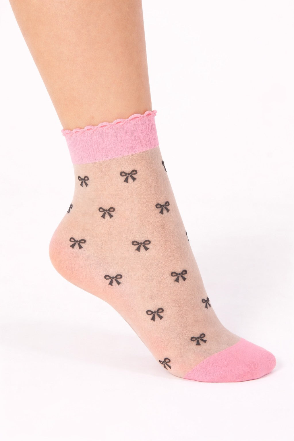 Transparente Damen Socken mit schwarzen Schleifen und rosa Bündchen