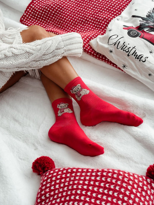 Socken aus Baumwolle 37/41 mit Teddybär-Motiv Weihnachten