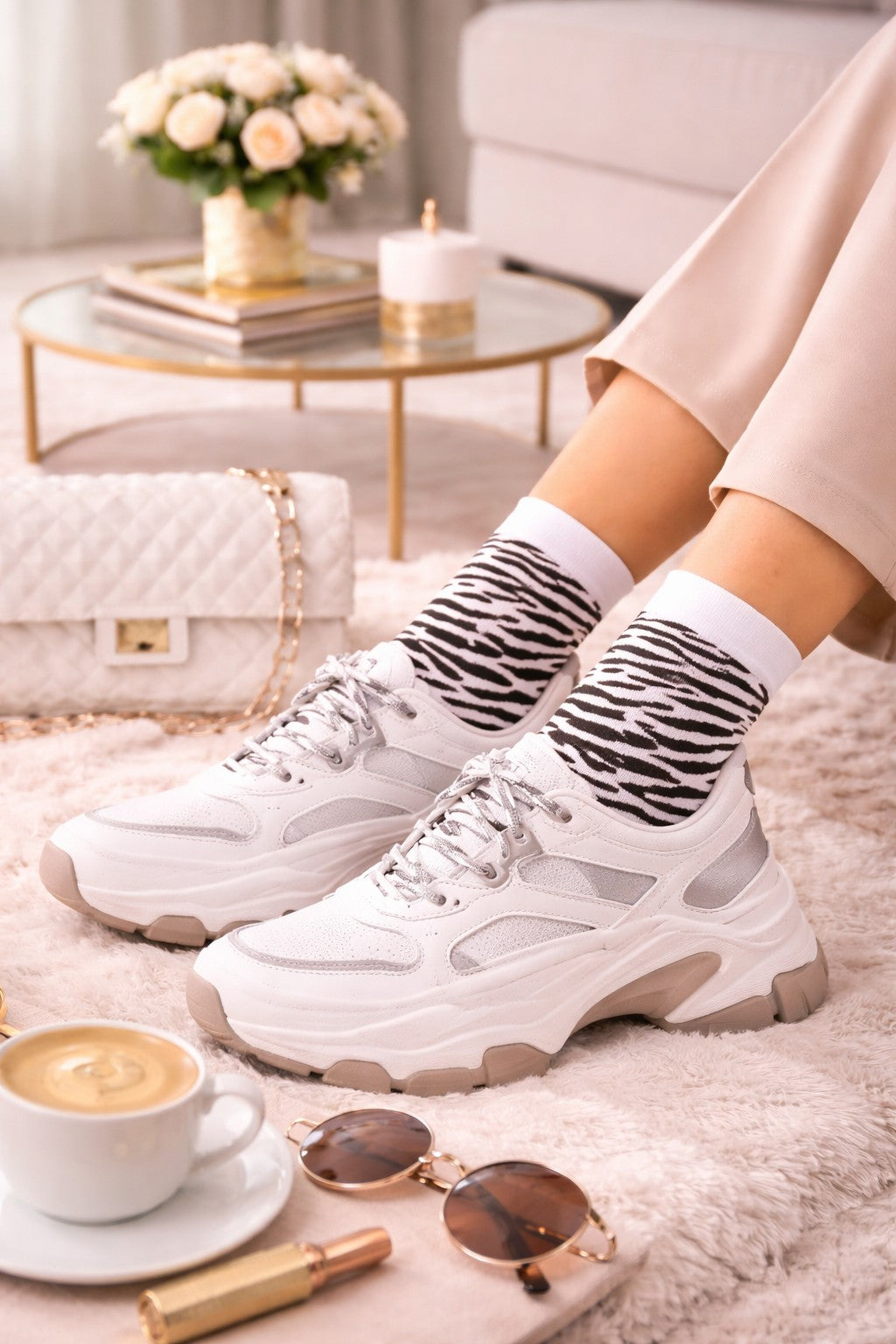 Zebra Socken Damen 60 DEN Mikrofaser kombiniert mit weißen Sneakern im sportlich eleganten Style