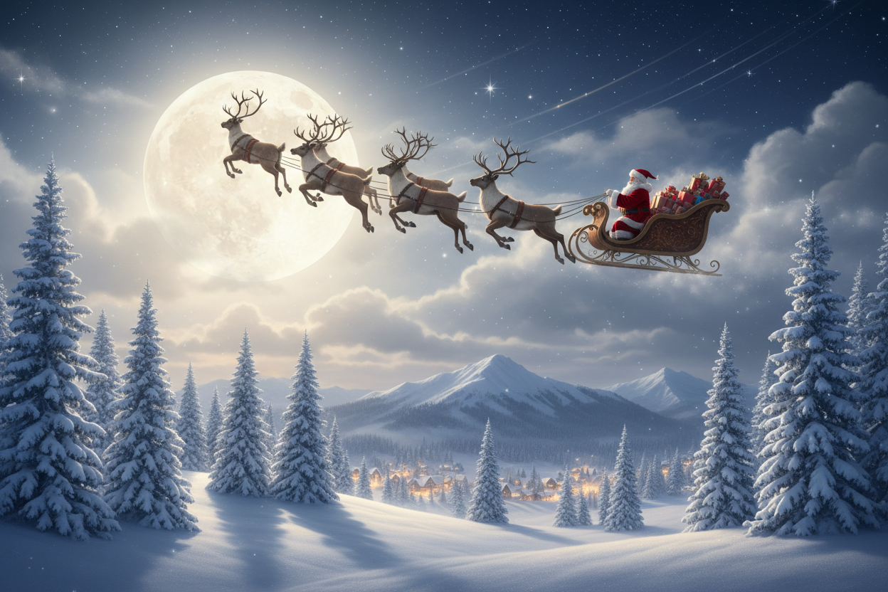 Erstelle ein elegantes bild mit einen amerykanischen weihnachstman mit fliegenden schlitten und rentieren