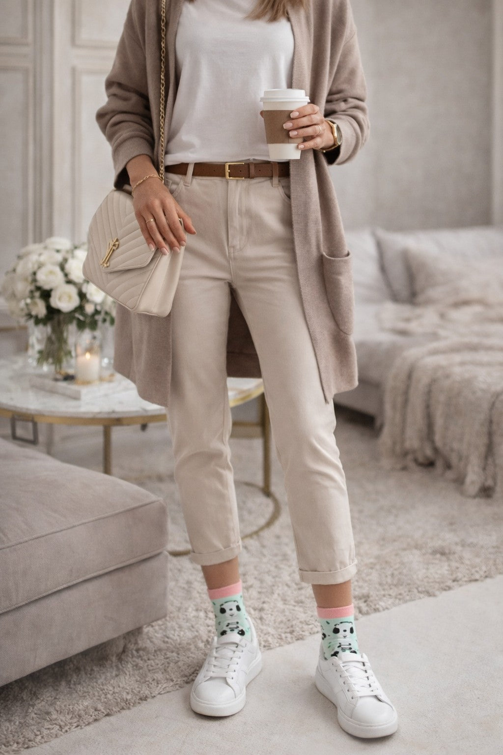Süße Panda Socken Damen Baumwolle mint rosa mit kompletten Outfit