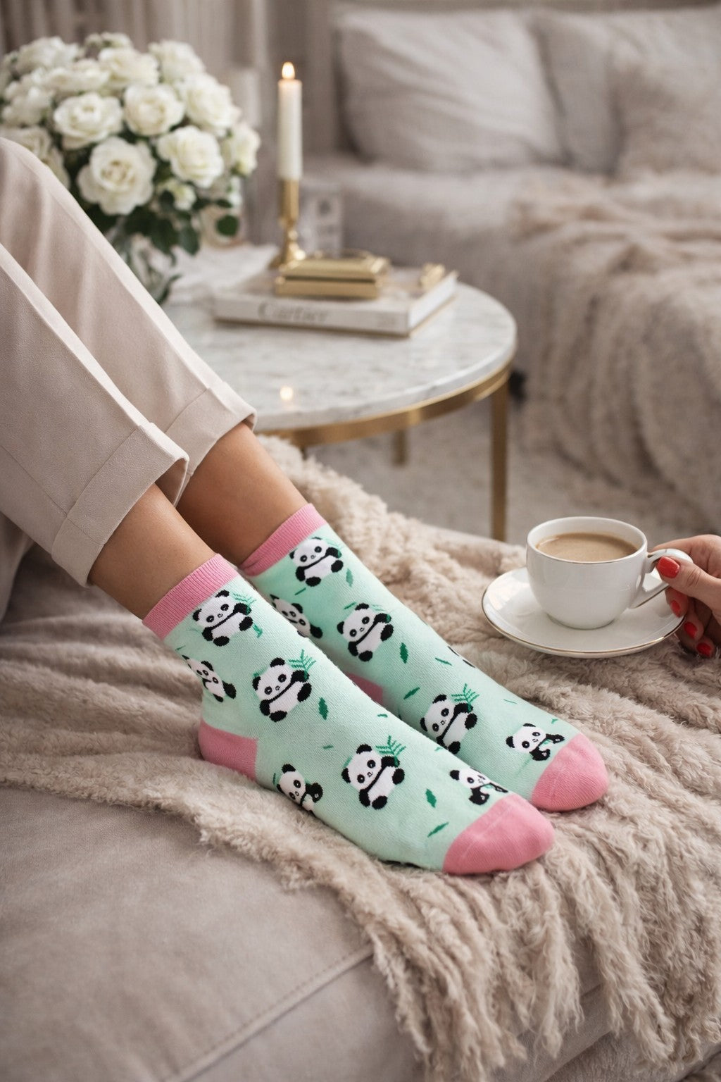 Süße Panda Socken Damen Baumwolle mint rosa
